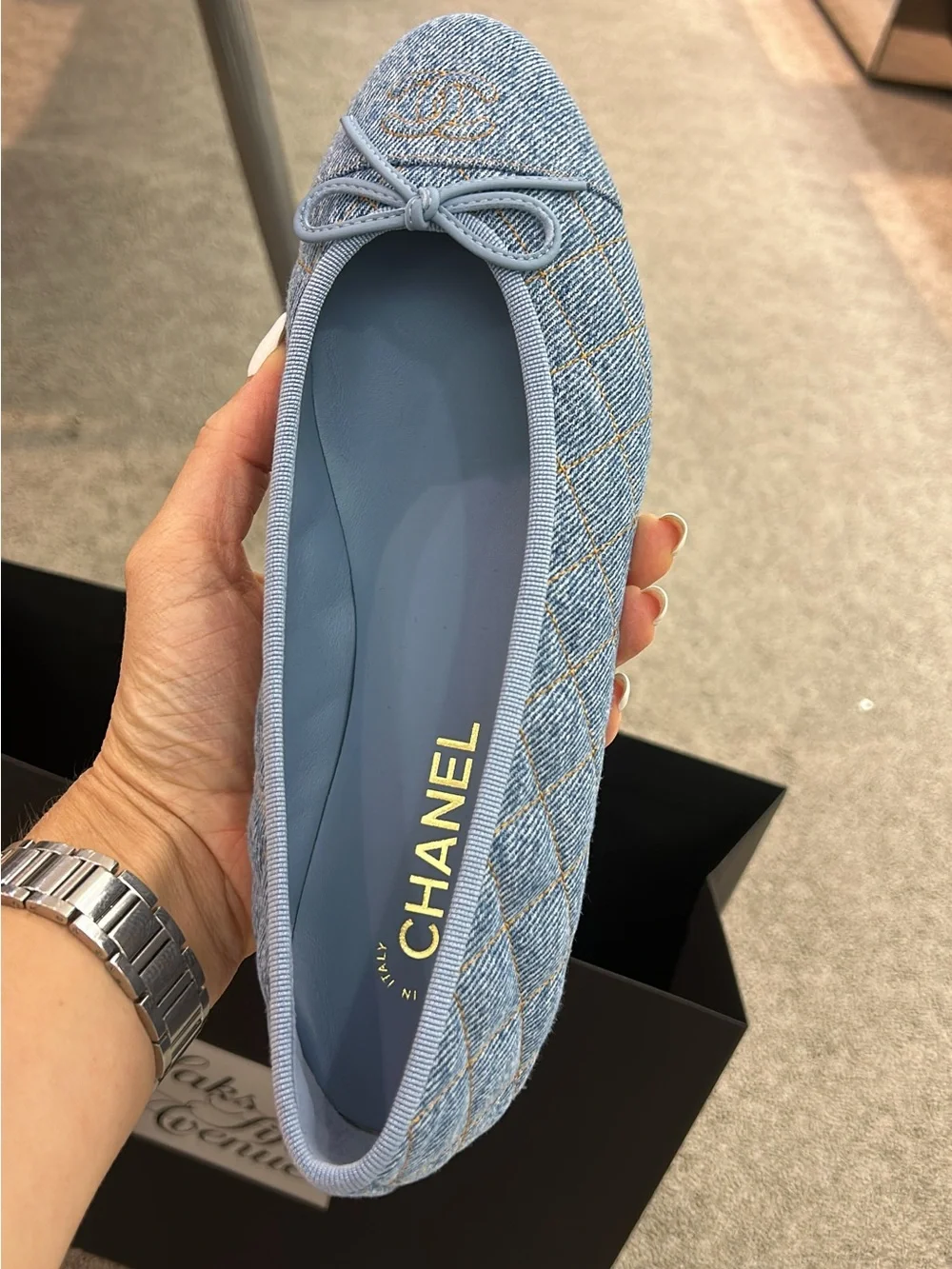 CHANEL Light Blue Denim Quilted Ballet Flat with Bow 40.5 - Picture 1 of 3